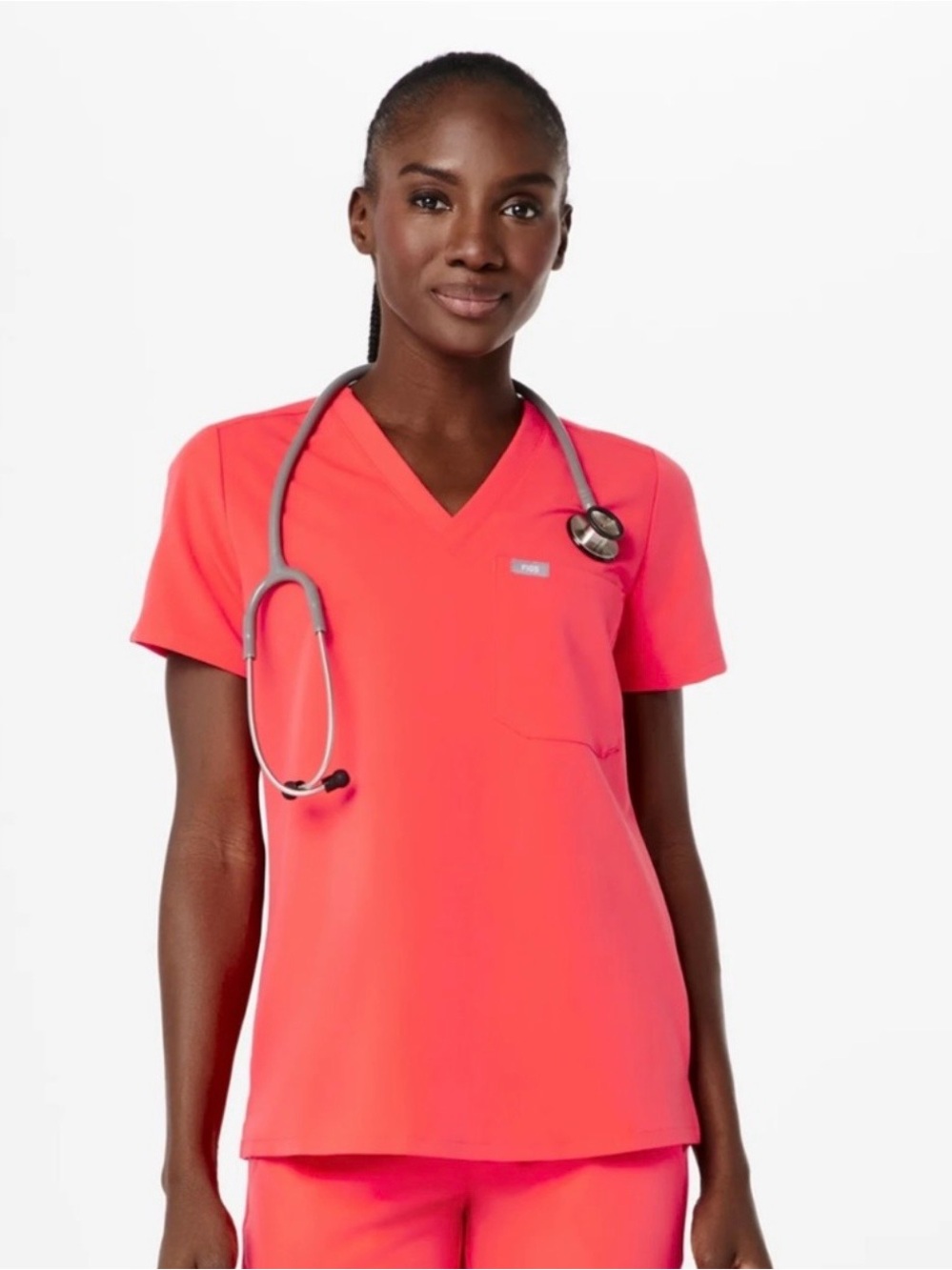 Figs V-Neck Scrub Top in Coral Pink